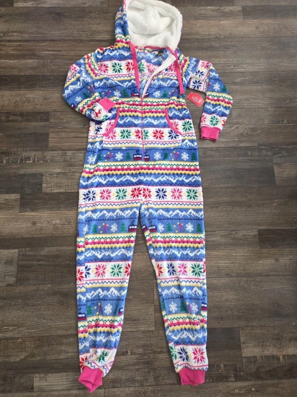 Holiday Time Blue Multi-Color Women’s Fleece Hooded One-Piece